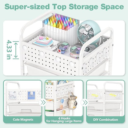 SYKIARIOL 4 Drawer Rolling Storage Cart with Pegboard Top and Hooks, Mobile Organizer Cart with Wheels for Office Supplies, Craft Storage, Classroom Organization, Home Utility Cart, White