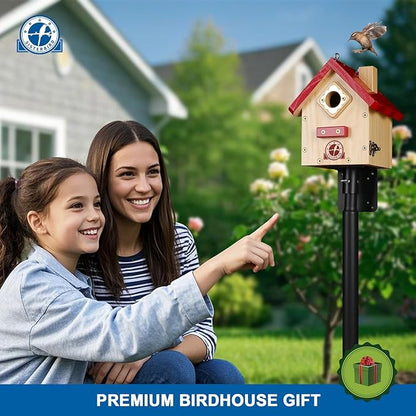 SISTERBIRD Wren Bird House, Premium Wooden Bird Houses for Outside, Classic Cabin Design Birdhouses for Outdoors, Hanging Bird House, Red-Breasted Nuthatch Wren Chickadee