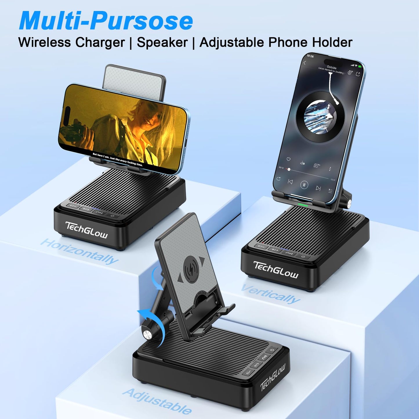 Gifts for Men Women-TechGlow Bluetooth Speaker with Phone Stand and Wireless Charger Compatible with iPhone 16 15 14 13 Pro XS 8 Plus Samsung Galaxy S25 S24 S23 Note 20 Birthday Gift Idea for Mom Dad