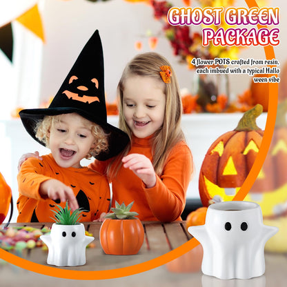 Newtay 4 Pack Halloween Pumpkin Ghost Planter 3 Inch Halloween Succulent Pots Bucket Vase Gifts Resin Small Flower Pots for Home Office Party, Plants Not Included