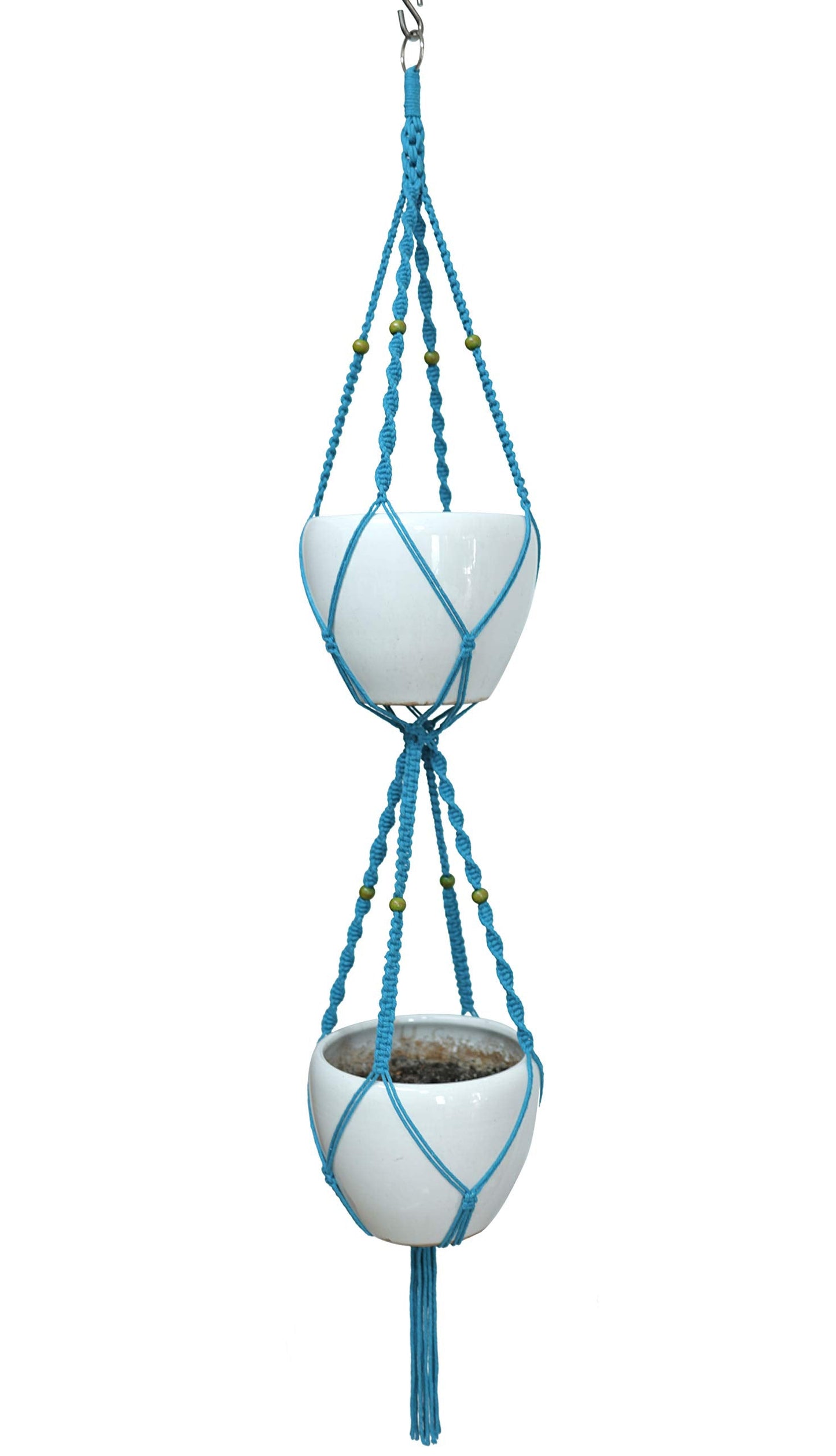 Macrame Plant Hanger & Holder, Hanging Planter 4 Legs Double Deck for 8 inch to 10 inch Two Pots Indoor Outdoor Hanging Planter Cotton Rope 67 Inch with Metal Ring (Cotton-Turquoise)