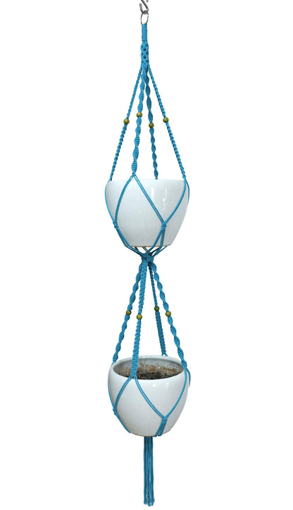 Macrame Plant Hanger & Holder, Hanging Planter 4 Legs Double Deck for 8 inch to 10 inch Two Pots Indoor Outdoor Hanging Planter Cotton Rope 67 Inch with Metal Ring (Cotton-Turquoise)