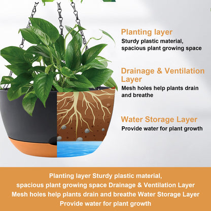 KPUVX 4 Pack Plastic Hanging pots for Plants Indoor,8 Inch Plant Pot Indoor Outdoor Hanging Baskets,Hanging Flower Pots with Drainage Holes and Chain for Garden Porch Plants(Black)
