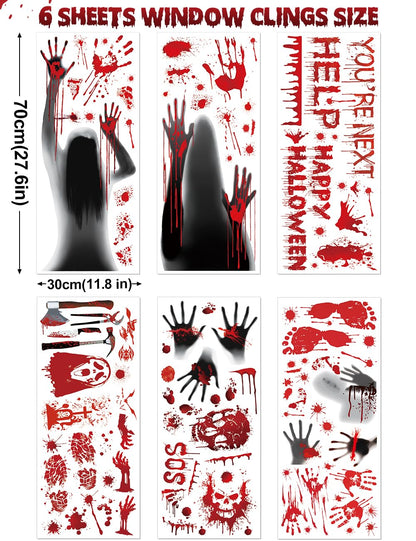 Wohohoho 11 Sheets/202 Pcs Bloody Halloween Decorations Set. 2 Giant Spooky Door Cover, 6 Sheets Horror Window Clings, 3 Sheets Scary Floor Stickers, Halloween Party Wall Decal Bedroom Inside Decor