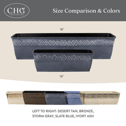 Classic Home and Garden Corinthian Rectangular Planter Box w/Drain Plug - Small Succulent Pots - Shallow Trough Planter for Indoor/Outdoor (10” Storm Gray, Pack of 1)