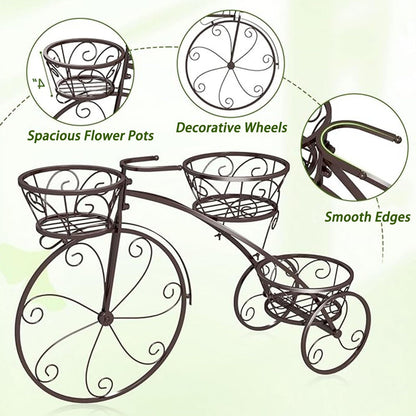 Planter Potted Holder Tricycle Plant Stand, Parisian Style Flower Display Stand Cart,3-Tier Metal Plant Stand Bicycle Flower Pot Cart with Hollowed Baskets for Patio,Garden,Deck,Lawn(Black)