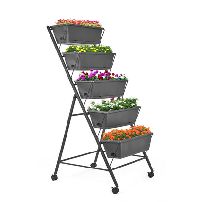 GENMOUS 5 Tier Raised Garden Bed Tall 45FT Vertical Elevated Garden Planter Standing Garden Bed Planter Box with Drainage Holes Removable Tray Outdoor Herb Planter Stand on Patio Balcony Porch Black