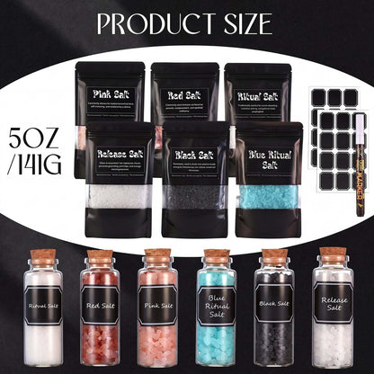 ElaraBerry 6 Pack Ritual Salt Starter Collection Pack with Dispensing Bottles Chalkboard Labels for Ceremony and Spell Handcrafted Negative Energy Rituals Protection Crystals for Witchcraft Supplies