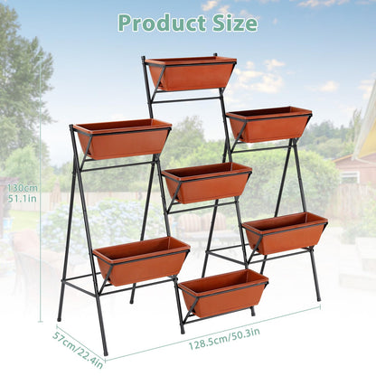Sunexinlo 5-Tier Vertical Garden Planter with 7 Plant Boxes & Drainage Trays, Metal Freestanding Raised Bed for Herbs Flowers Vegetables, Indoor Outdoor for Patio Balcony Deck, Brick Red