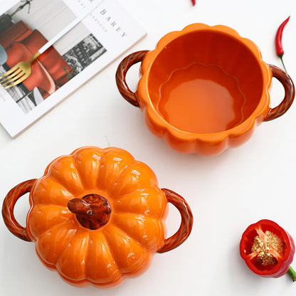 Dutch Oven Pot with Lid, Pumpkin Pottery Dessert Saucepan, Mini Baking Dish Cute Pumpkin Bowl, Covered Dutch Oven Ceramic Stockpot, Pumpkins-Shaped Casserole (Orange)