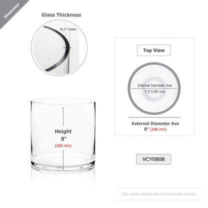 WGV Cylinder Vase, Width 8", Height 8", Clear Wide Large Diameter Flower Glassware, Floral Container, Planter Terrarium for Wedding Party Event, Home Accent Decor, 1 Piece