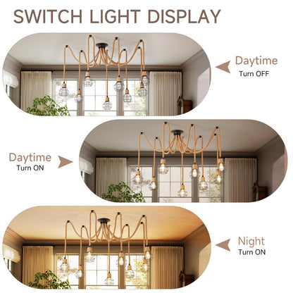 Hodevimall Spider Chandeliers, 8 Arms Industrial Spider Ceiling Light Fixture Hanging Hemp Rope DIY Adjustable 8-Light Steampunk Chandelier for Kitchen Island, Living Room, Entryway, Dining Room, Bar