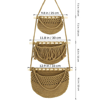 Cabilock 3 Tier Hanging Fruit Basket for Kitchen - Boho Macrame Woven Wall Storage for Onion and Potato, Space-Saving Cotton Rope Produce Organizer for Pantry & Bathroom