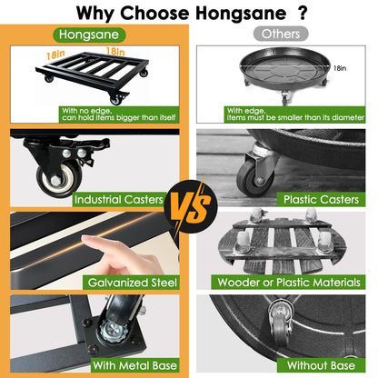 Hongsane 18" Square Plant Stand with Wheels Heavy Duty,Large Metal Plant Caddy Indoor Outdoor Use,Rolling Plant Dolly with Industrial Casters,Rust-Proof Black Plant Tray for Large Planters Pots,2-Pack