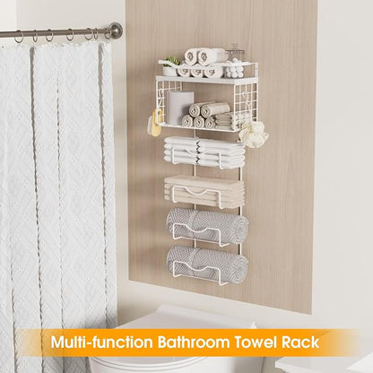 Towel Racks for Bathroom,Towel Rack Wall Mounted, 6 Tier Rolled Or Folded Towel Holder with Floating Shelves, Bathroom Towel Holder for Bath, Hand Towels,Metal,Full White