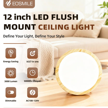 EOSMILE 12 Inch Wood Grain LED Flush Mount Ceiling Light, 25W, 3000LM, CRI 95+, 2700K-5000K 5-Color Selectable & Dimmable, Thin Flat Surface-Mounted Fixture for Bedroom, Hallway, Living Room