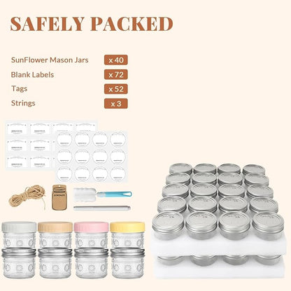 CycleMore 4 oz Glass Mason Jars, 40-Pack Bulk Small Canning Jars with Regular Mouth & Two Sets of Lids (40 Metal + 40 Plastic) – for Jam, Honey, Spices, Overnight Oats, Wedding Favors