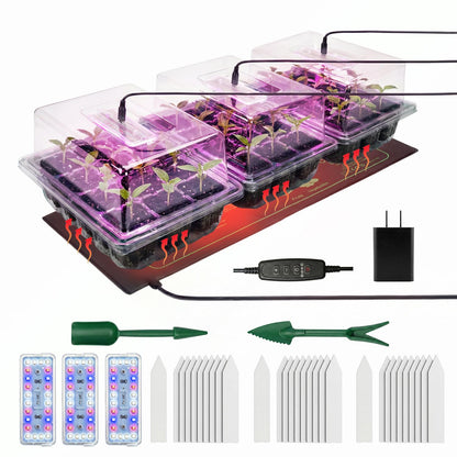 Seed Starter Tray 3 Pack with Heating Mat & 24 Full Spectrum LEDs Grow Light – Auto cycle Timer, Humidity Dome Ventilation Cover, Drainage Holes, Includes Gardening Tools – Transparent version