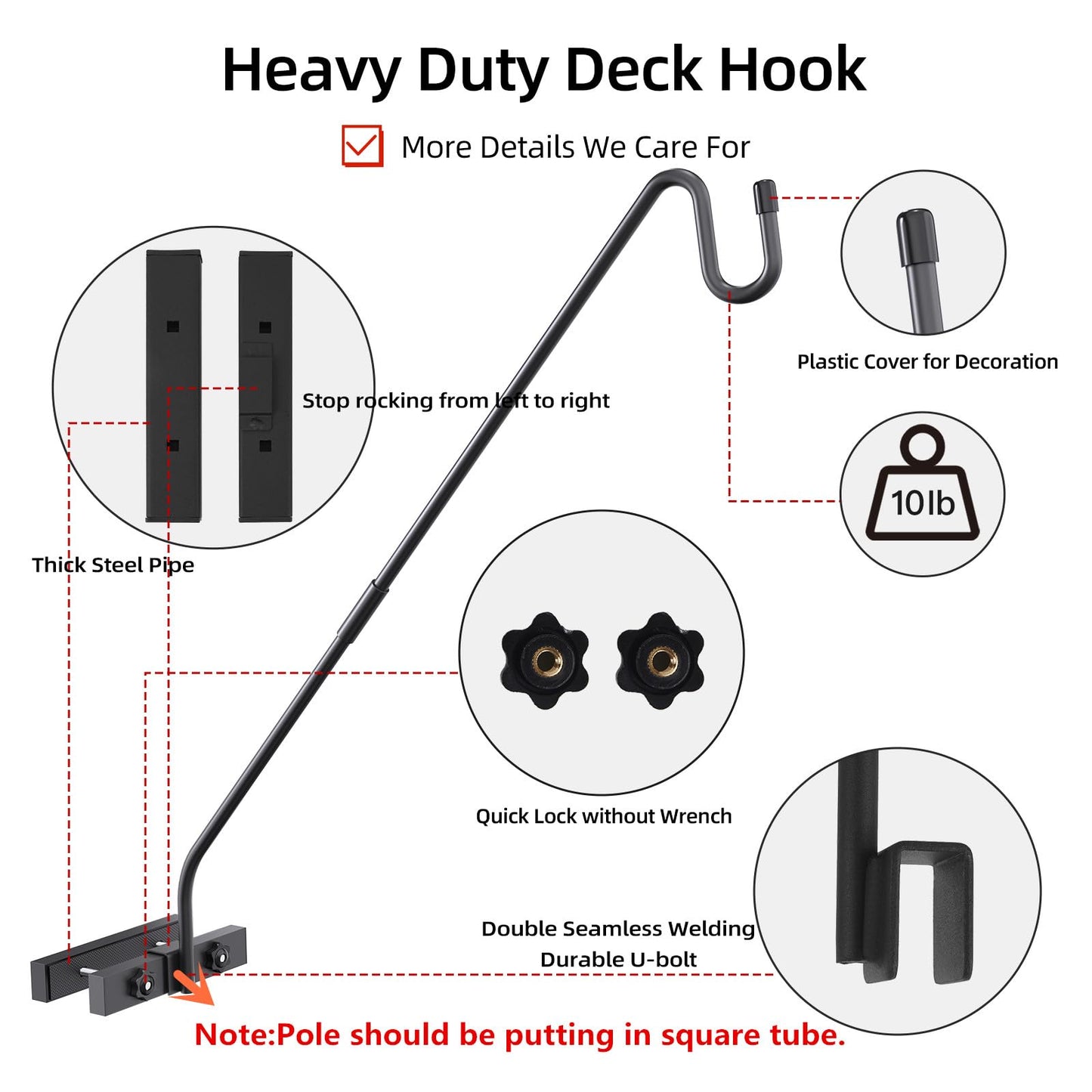 Monalife Deck Hook Railing Mount - Heavy Duty Metal Shepherds Hook Bracket for Outdoor Plant Hanger, Bird Feeder Hanger, Plant Hooks, Flower Baskets, Lanterns - 360° Rotating Pole, Extended Arm