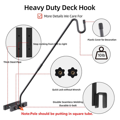 Monalife Deck Hook Railing Mount - Heavy Duty Metal Shepherds Hook Bracket for Outdoor Plant Hanger, Bird Feeder Hanger, Plant Hooks, Flower Baskets, Lanterns - 360° Rotating Pole, Extended Arm