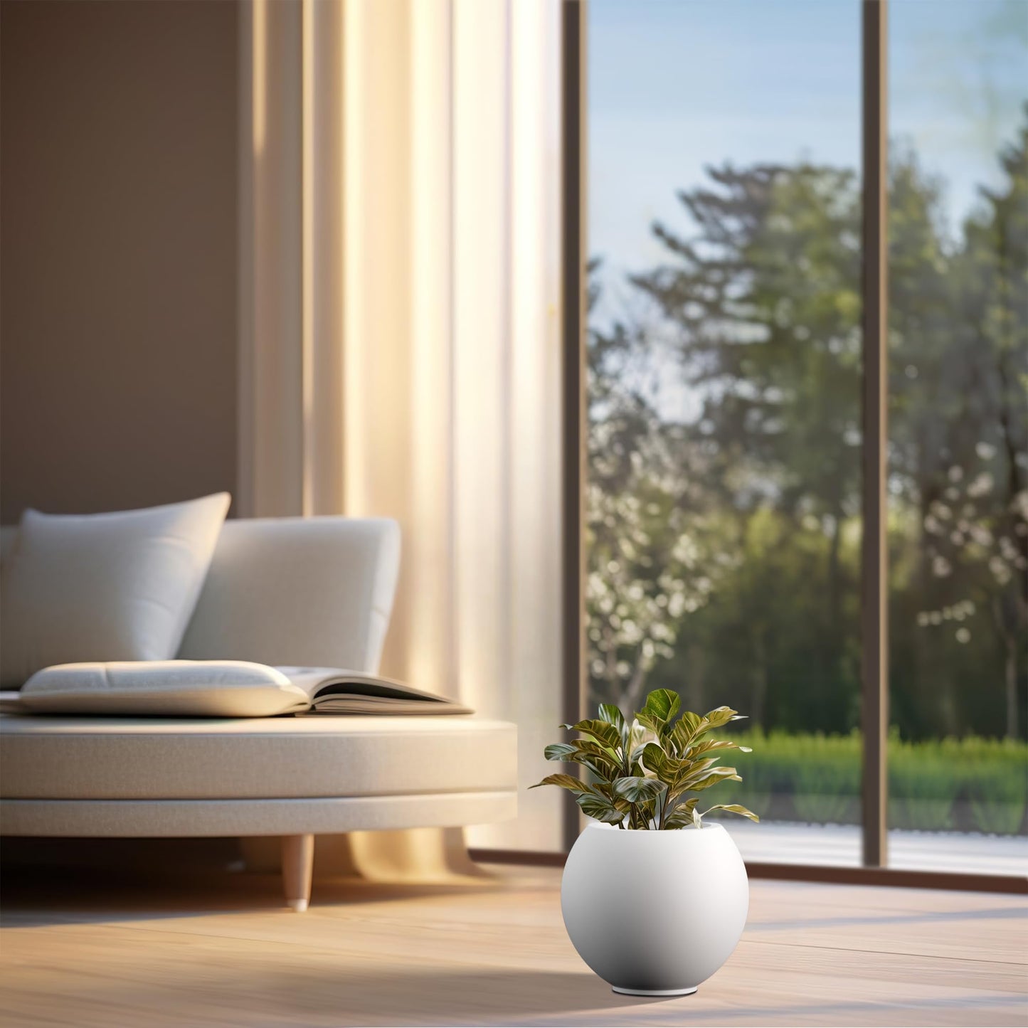 Kante Round Concrete Flower Pot, 11 Inch Dia (7.9" Opening) Sphere Shape Design Planter with Drainage Hole and Rubber Plug for Indoor & Outdoor Plants, White Finish with Painted Interior