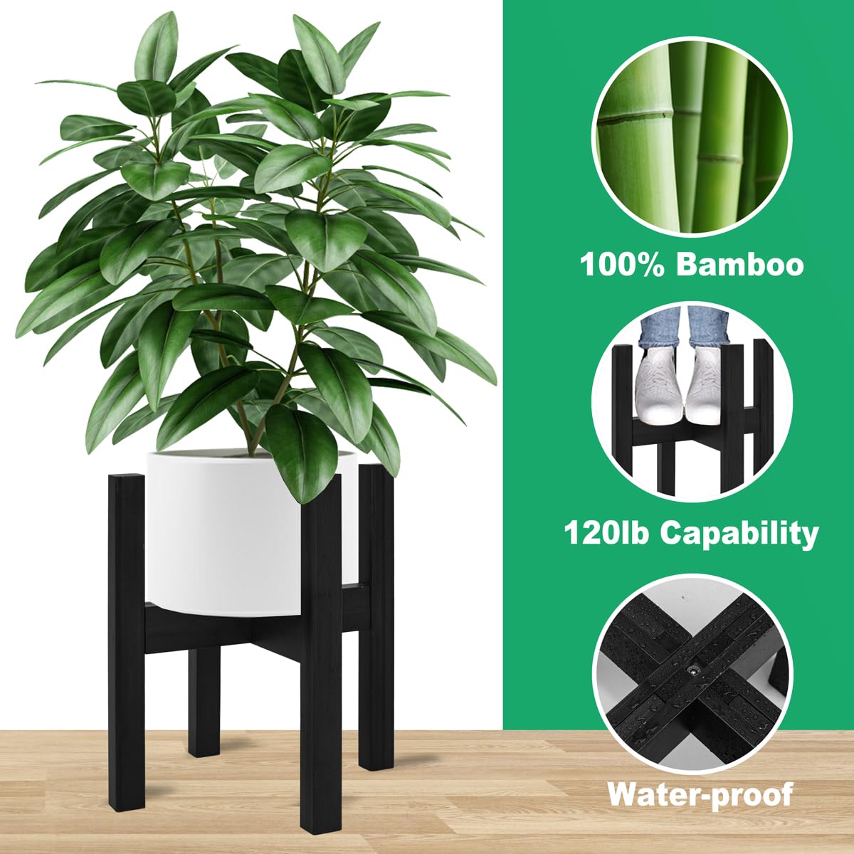 Rnined Adjustable Plant Stand Indoor,Bamboo Mid Century Modern Plants Stands, Stable Plant Holder,Fit 8 9 10 11 12 inch Pots (Pot & Plant Not Included)(Black)