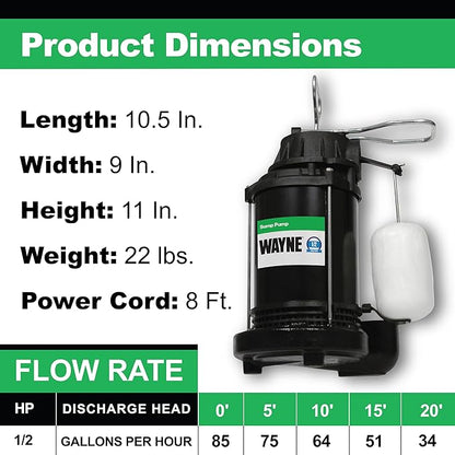 WAYNE CDU800 1/2 HP Submersible Sump Pump – Cast Iron & Stainless Steel, Vertical Float Switch, 5,100 GPH, 3-Year Warranty