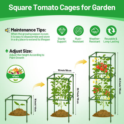 Legigo 4 Pack Square Tomato Cages- 45 Inch Heavy Duty Tomato Trellis for Climbing Plants Outdoor, Tomato Plant Support Stakes Cage Garden Trellis for Garden Raised Garden Bed Cucumbers Vegetables