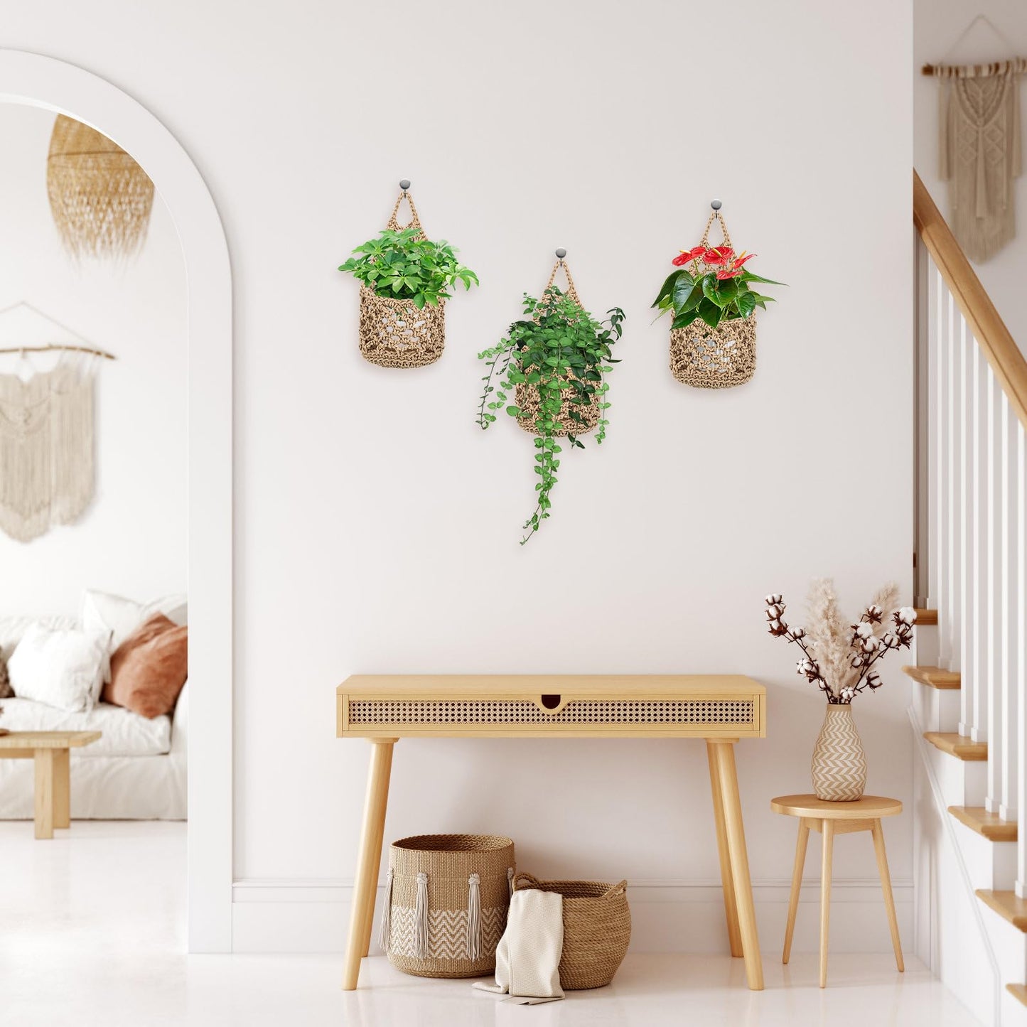 Foxtell 6 Pack Macrame Plant Hangers, 9.4” x 5.1” Cotton Wall Hanging Plant Baskets, Boho Woven Hanging Storage Flower Baskets for Indoor Outdoor Plants, Herbs & Home Decor
