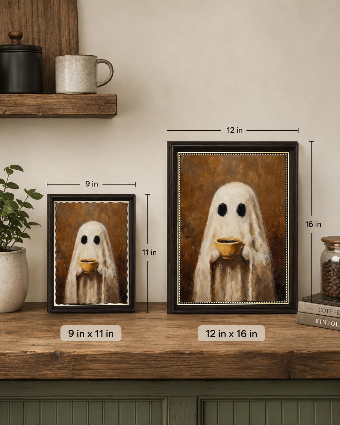 Ghost Kitchen Wall Art 9x11 Dark Brown Framed Canvas Print Cute Ghost Drinking Coffee Picture Dark Academia Coffee Bar Decor for Halloween Fall
