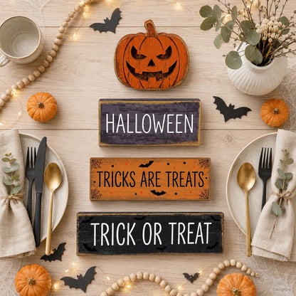 4 Pcs Halloween Decor, Trick or Treat Tiered Tray Decorations, Wooden Block Signs with Jack-O-Lantern, Tricks are Treats Farmhouse Rustic Table Centerpiece for Home Shelf Kitchen Coffee Bar