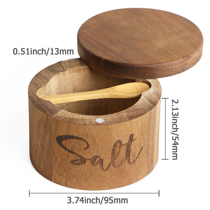 Acacia Wood Spice Boxs with Swivel Cover for Kitchen Countertop,Salt Keeper with Built-in Spoon,Modern Farmhouse Kitchen Decoror for Storing Seasonings (Labeled Salt)