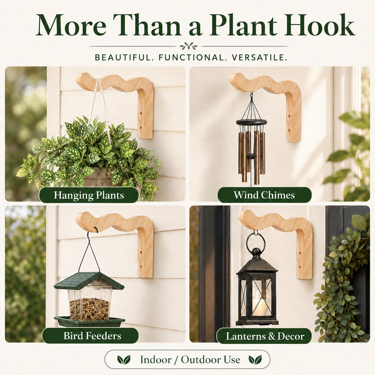 FGSAEOR Wood Plant Hangers Wave-Shaped for Outdoor, Wall Mount Hanging Plant Hooks Heavy Duty Indoor Outdoor Hooks for Flower Pots, Wind Chimes, Bird Feeders, 2 Pack (Solid Beech Wood)