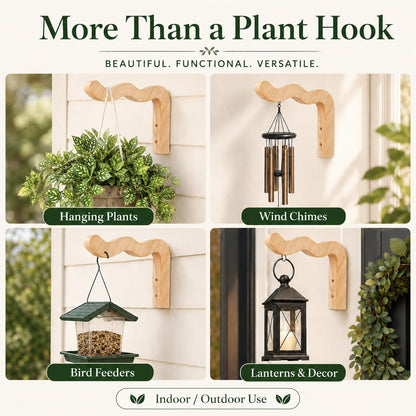 FGSAEOR Wood Plant Hangers Wave-Shaped for Outdoor, Wall Mount Hanging Plant Hooks Heavy Duty Indoor Outdoor Hooks for Flower Pots, Wind Chimes, Bird Feeders, 2 Pack (Solid Beech Wood)