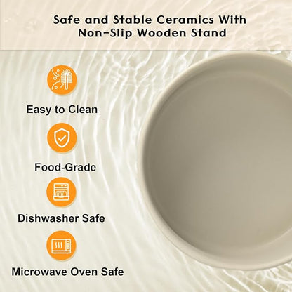 SPUNKYJUNKY Ceramic Elevated Dog Bowls 2 Pack - 8.3inch Raised Dog Bowls with Non-Slip Wooden Stand for Large Dogs Dishwasher Safe(Grey,60OZ*2)