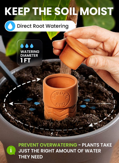 4pc Olla Watering Spikes For Plant Watering With Lids - Automatic Terracotta Self Watering Spikes For Indoor Plants & Outdoor - Terracotta Watering Spikes For 8" Pots Or Larger Water Plants While Away