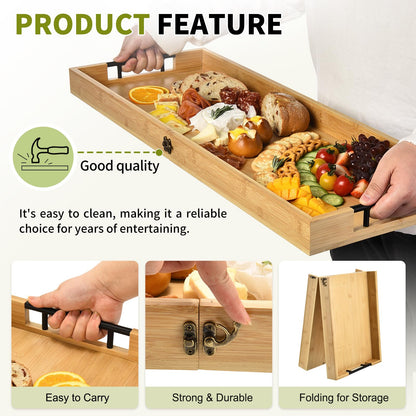 GLOKUUCA Large Charcuterie Board with Handles, 32 x 12 Inch Foldable Bamboo Serving Cheese Boards - Serving Platter for Meat, Party Appetizers, Outdoor & Fruit