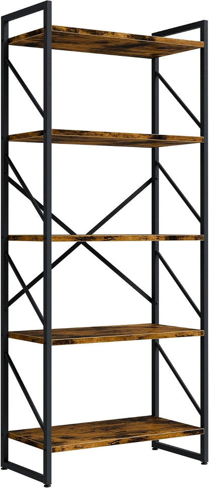 Shintenchi 5 Tiers Bookshelf, Classically Tall Bookcase Shelf, Industrial Book Rack, Modern Book Holder in Bedroom/Living Room/Home/Office, Storage Rack Shelves for Books/Movies-Rustic Brown