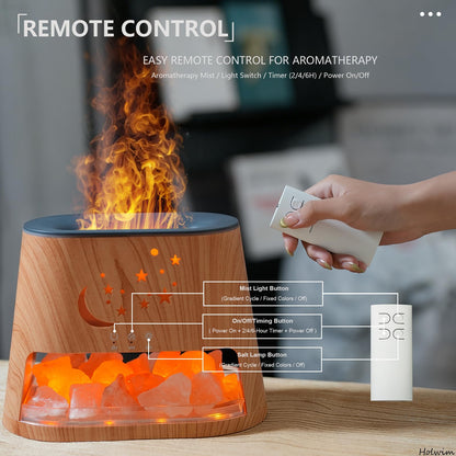 Flame Essential Oil Diffuser & Himalayan Salt Lamp: 260ml Aromatherapy Diffuser & Ultrasonic Cool Mist Humidifier with Himalayan Pink Salt Rock, Remote, 7-Color LED, 3 Timer (Moon Star + Wood Grain)