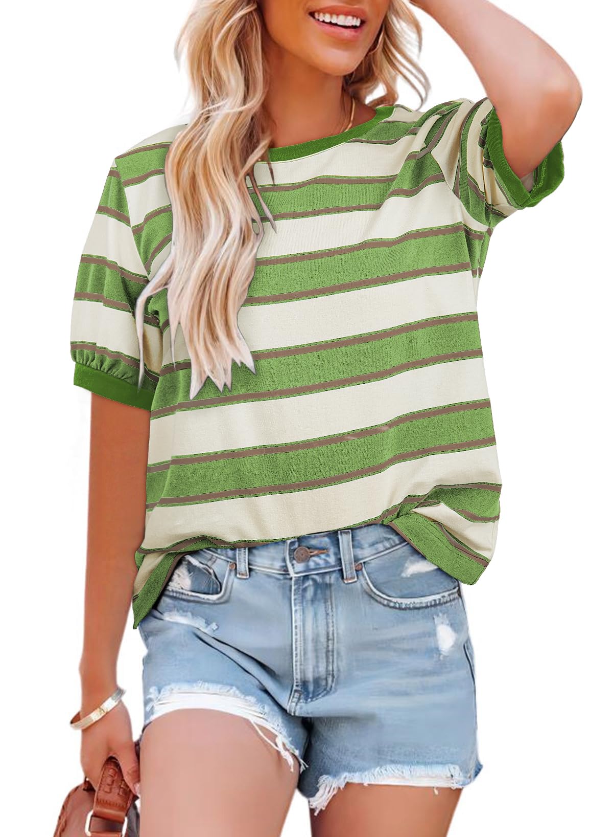 Dokotoo Womens Summer Tops 2025 Short Sleeve Tshirts Shirts for Women Striped Color Block Casual Loose Cotton T-Shirts Crew Neck Basic Cute Tees Lightweight 2025 Fashion Ladies Tops Green Large
