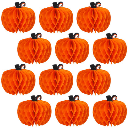 12 Pcs Fall Pumpkin Honeycomb Paper Decorations, Thanksgiving Pumpkins Table Centerpieces Hanging Pumpkin Honeycomb Tissue Balls for Halloween Thanksgiving Harvest Party Decor
