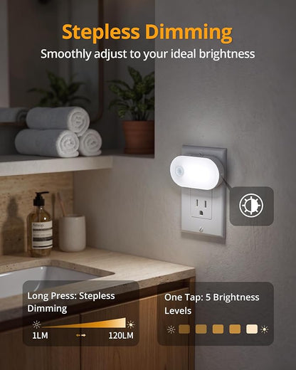 Lyridz 120LM Ultra Bright Plug-in Motion Sensor Night Light, Stepless Dimmable LED Nightlight, Always-On and Auto-Off, for Hallway, Stairs, Bathroom, Bedroom, Garage, Cool White (4-Pack)