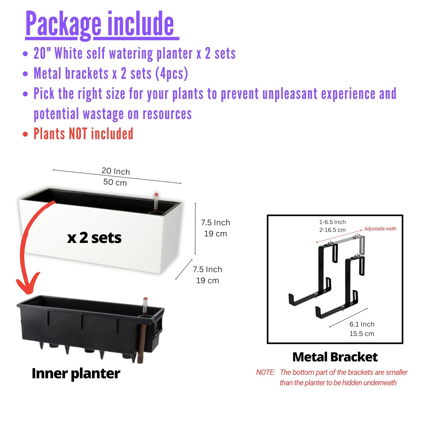 LaLaGreen Rail Planter for Balcony Outdoor (20 Inch, 2 Pack) Large White Self Watering Deck Railing Planters with Brackets, Rectangular Plastic Fence Flower Box Designer Choice