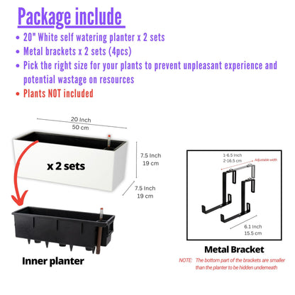 LaLaGreen Rail Planter for Balcony Outdoor (20 Inch, 2 Pack) Large White Self Watering Deck Railing Planters with Brackets, Rectangular Plastic Fence Flower Box Designer Choice