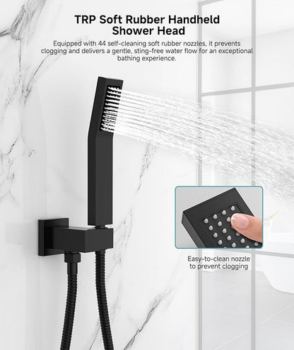 SR SUN RISE Shower Faucet Set & System - 10 Inch Rainfall Shower Head & Handle Set Wall Mounted Matte Black Solid Brass Valve Trim Kit Included