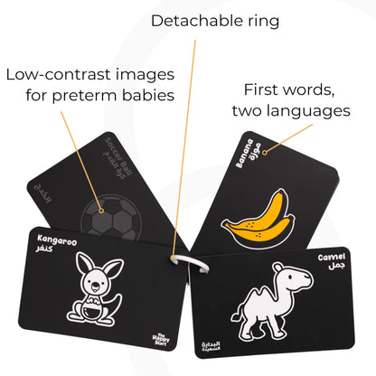 Happy Start High Contrast Baby Cards for Newborns - Black & White Cards, Water-Resistant, BPA-Free, Portable Educational Flashcards for Visual Stimulation, Award-Winning, Ages 0+ (English & Arabic)