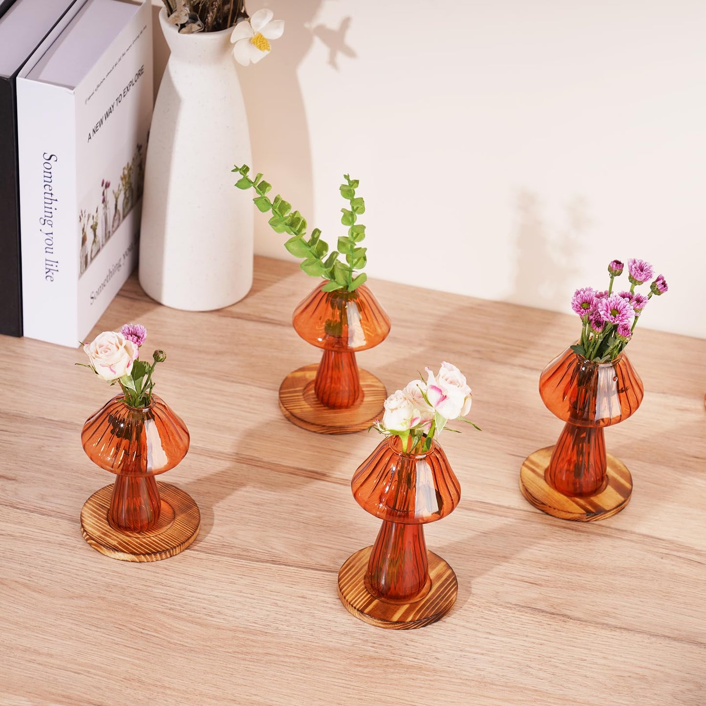 NiHome Mushroom Glass Planter with Wooden Base Set of 4, Cute Indoor Greenery Plant Propagation Stations,High Borosilicate Glass Mushroom Gifts Vases for Flowers,Hydroponics & Home Decor (Brown)