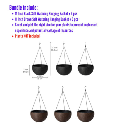 LaLaGreen Bundle- 3 Pack, 11 Black + 3 Pack, 11 Inch Brown Self Watering Hanging Plastic Basket Rattan Style Round Plant Flower Pots with Water Level Indicator Balcony Porch Modern Indoor Garden Decor