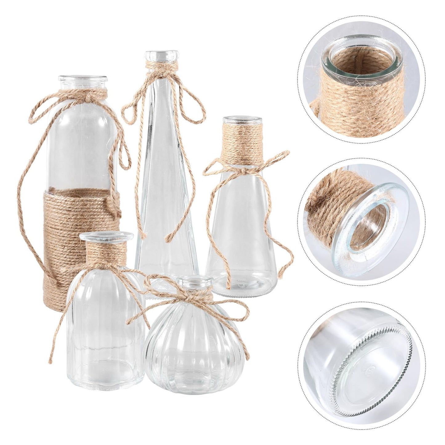 NUOBESTY 5pcs Glass Flower Vases Set with Rope Design, Decorative Plant Terrarium and Flower Arrangement Containers for Home Décor and Table Display