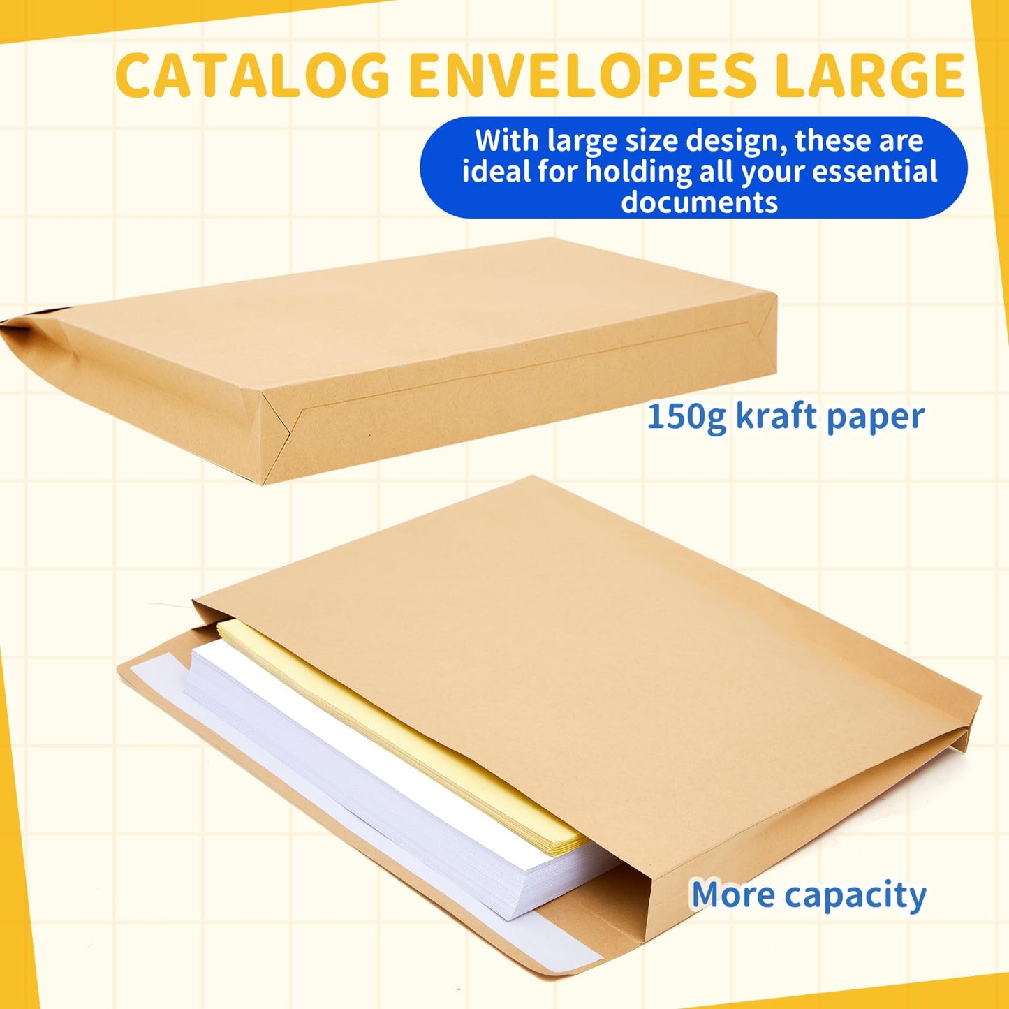 Fullhawl 20 Pcs 12 x 16 x 1.6 Inch Large Expandable Catalog Envelopes Manilla Kraft Peel and Seal Envelopes Light Brown Large Mailing for Office Home Documents Magazines Photos Storage Organizing